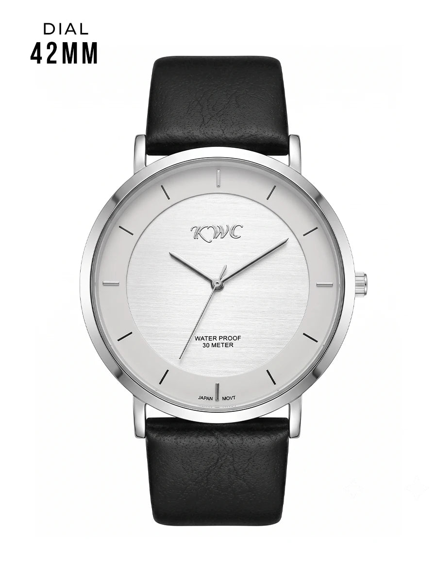 KWC K-129 men's slim leather strap watch in Black and White