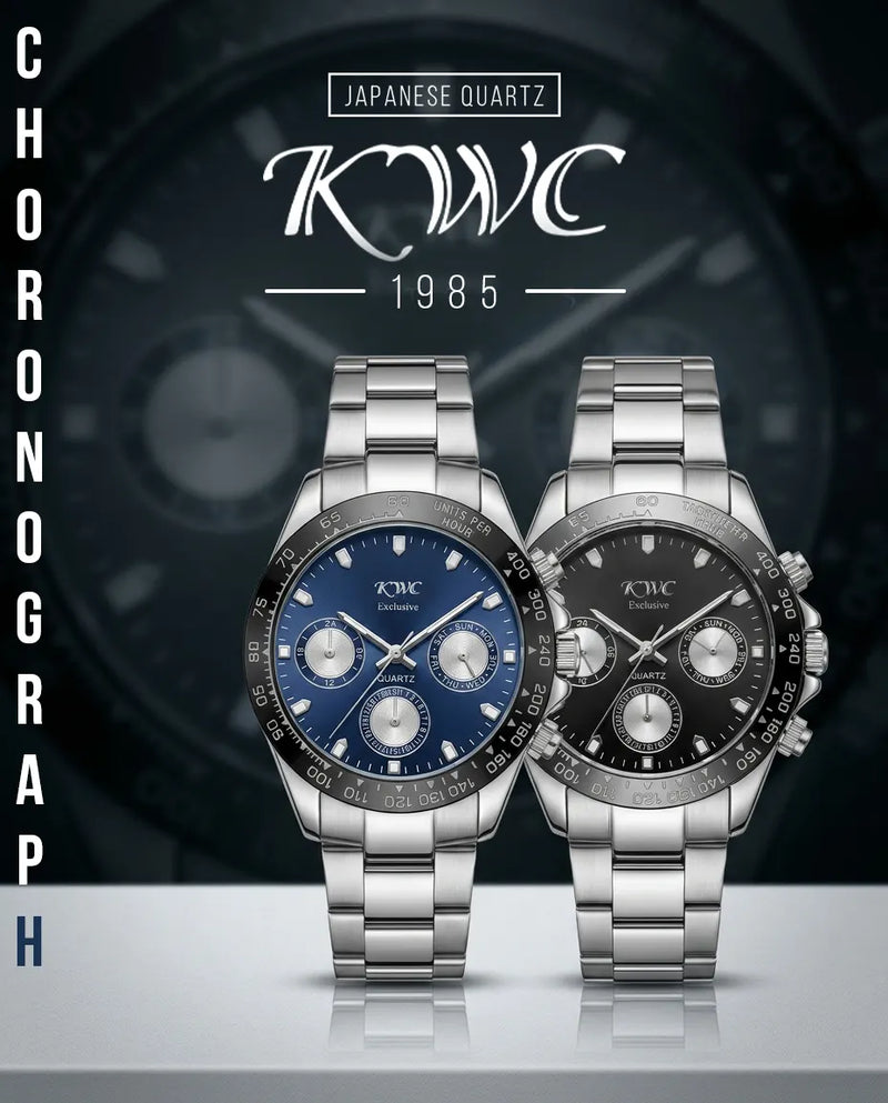 KWC 1985 Chronograph Collection: blue and black steel chronograph watches